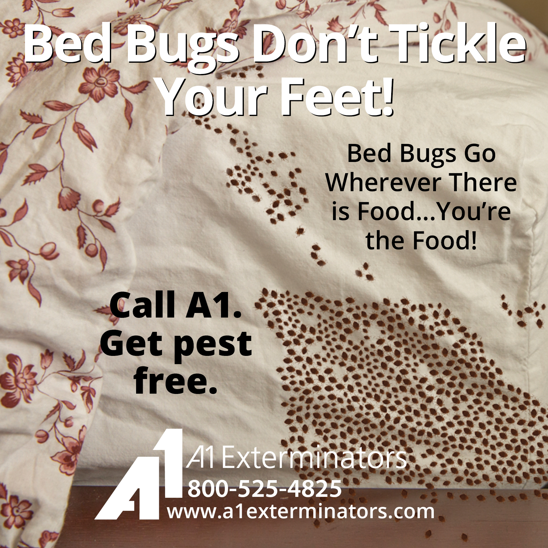 Bed bugs crawling all over bedding. "Bed bugs don't tickle your feet! Bed bugs go wherever there is food... You're the food! Call A1. Get pest free." [A1 Logo]