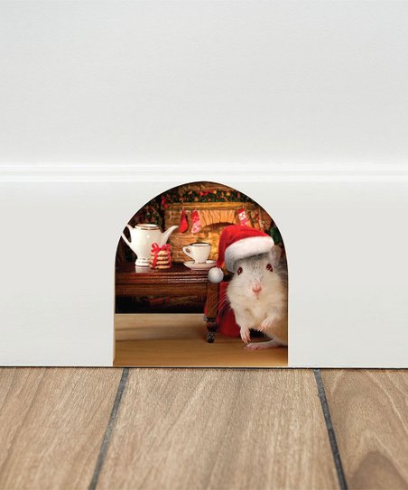 mouse hole in the wall with holiday mouse celebrating inside